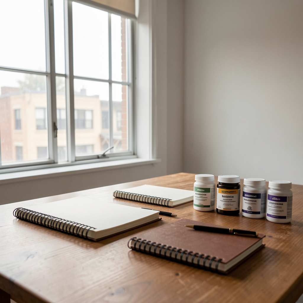 Editorial studio workspace with notebooks, supplement containers, and natural light from a wide window