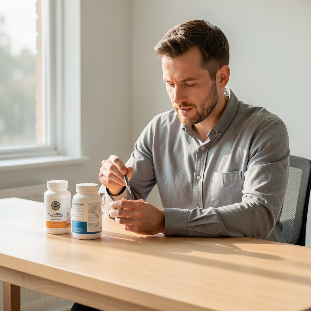 Man reviewing supplement containers on a clean wooden desk in morning natural light, editorial composition